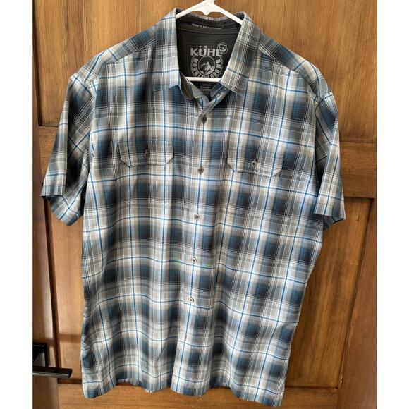 Kuhl Men's Large Plaid Short Sleeve Shirt Button Up Top Gray Blue - Picture 1 of 10